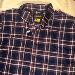 Cabelas Mens XLT Plaid Button Down Shirt Navy Brown Long Sleeve Outdoor Relaxed